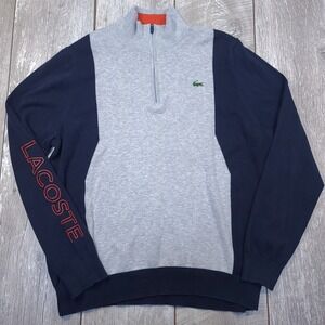 Lacoste Sport Pullover Men XL Blue Grey Colorblock Quarter Zip Lightweight
